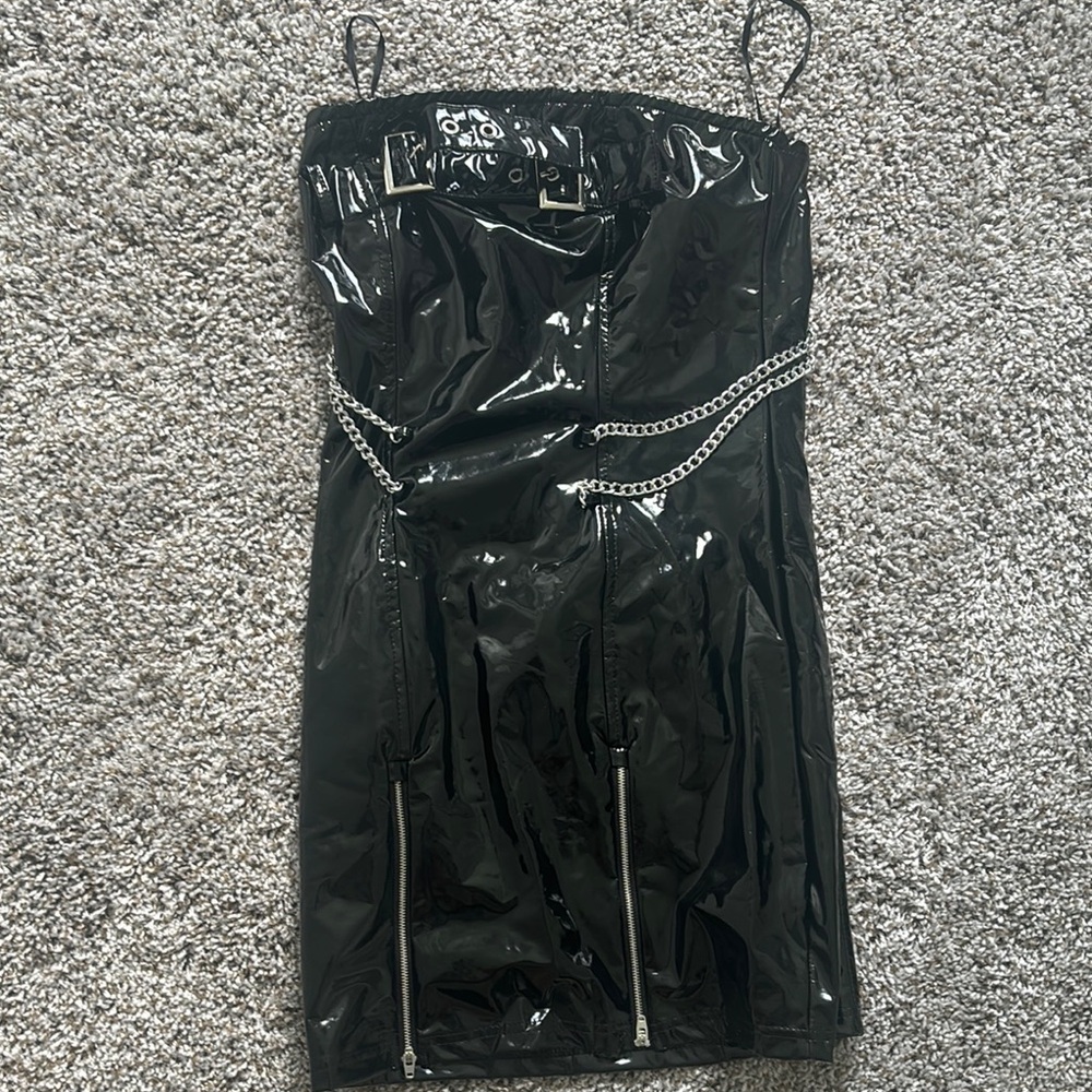Black  Leather mini dress with Chain Detail